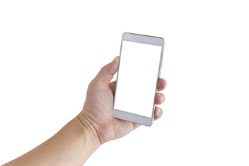 the left hand of a white man holding a white mobile phone and a white screen at an isolated background with a clipping path.