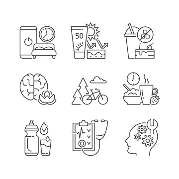 Healthy habits development linear icons set. Sleep hygiene. Skin protection. Practice mindfulness. Customizable thin line contour symbols. Isolated vector outline illustrations. Editable stroke