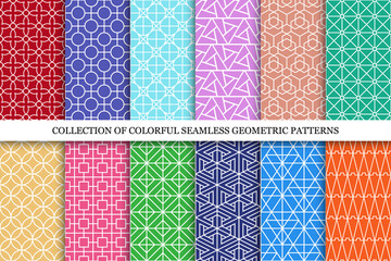 Collection of vector seamless colorful ornamental patterns - geometric bright textures. Repeatable vibrant oriental backgrounds