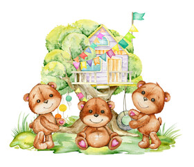 A group of cute, brown bears on the background of a tree house. Watercolor forest animals in cartoon style, on an isolated background.