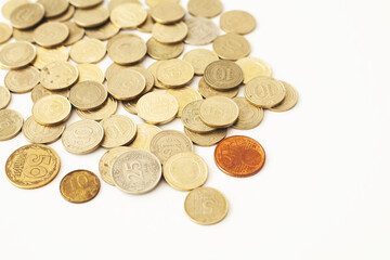Mixed coin stacks on a white background