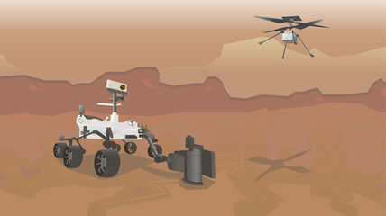 Mars rover and helicopter at panorama. Vector illustration of Mars planet landscape - obrazy, fototapety, plakaty