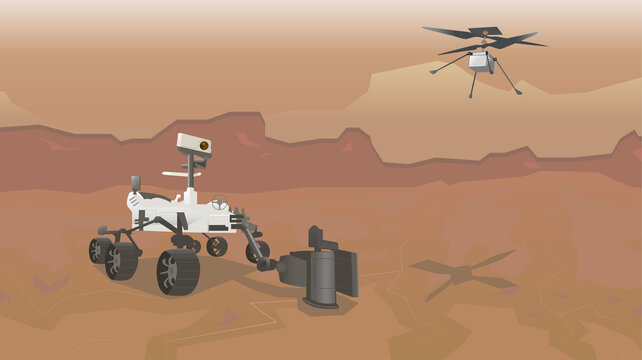 Mars rover and helicopter at panorama. Vector illustration of Mars planet landscape