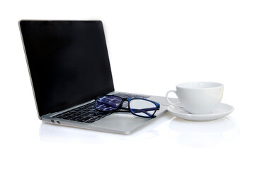 laptop, eye glasses and a Cup of tea with copy space, on white background