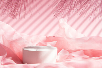 Empty white podium on pastel pink background. Hard shadows. Minimal geometric podium. Scene with...