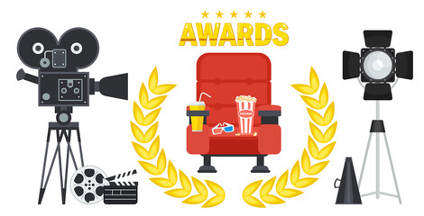 Film directors chair with megaphone, projector, camera and clapboard