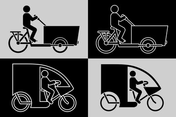 Pictogramme d’une silhouette d’un personnage sur un vélo cargo et sur un triporteur décliné en 4 images noires ou blanches. - obrazy, fototapety, plakaty