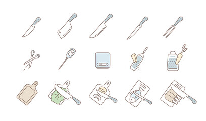 Kitchen Knives Types. Instructions how to Cutting Different Cooking Ingredients on Cuttings Board, Rubbing Cheese with Grater and other Kitchen Guides. Flat Line Vector Illustration and Icons set.
