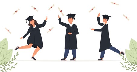 Group of happy graduated students wearing academic dress, gown or robe and graduation cap and holding diploma. Boys and girls celebrating university graduation. Class of 2021 vector illustration.