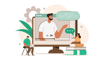 People Characters Learning Online in Internet. Students Having Video Call with Teacher. Distance Learning and Online Education Concept. Flat Cartoon Vector Illustration.