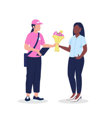 Female courier and customer with flowers flat color vector faceless character. Receive Valentine gift. Delivery woman give bouquet isolated cartoon illustration for web graphic design and animation