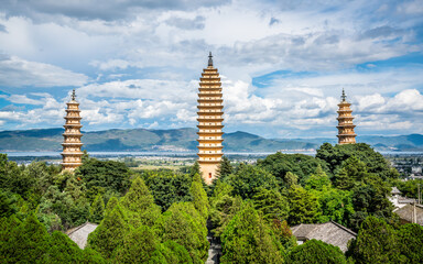 Three Pagodas of Chongsheng Temple Erhai lake in the distance Dali Yunnan China