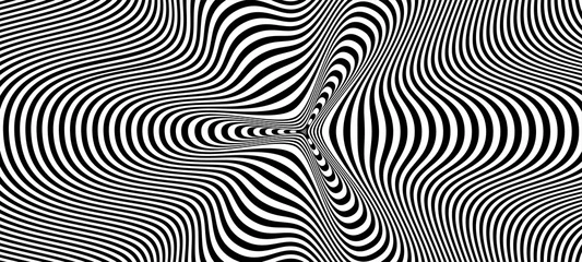 Abstraktes hypnotisches Muster mit mehrfarbigen gestreiften Linien. Psychedelischer Hintergrund. Op-Art, optische Täuschung. Modernes Design, grafische Textur. © Divin
