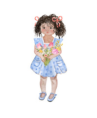 Cute baby girl in a blue dress with bunch of spring flowers in hands, watercolor hand painted illustration. Smiling happy african american kid painting. For mothers or fathers day cards, holidays