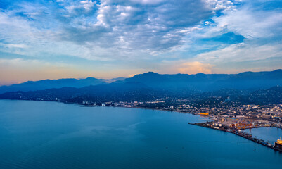 View of the city of Batumi, sea, mountains from a drone
