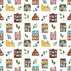 Seamless pattern with houses, cottages and leaves. Backgrounds and wallpapers for invitations, cards, fabrics, packaging, textiles, posters. Watercolor illustration.
