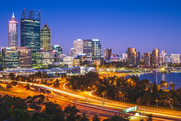 night scene of perth skyline, capital of western australia in australia