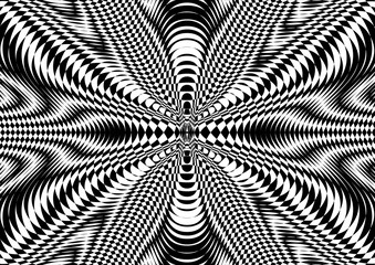 Moire effect, black-white hypnotic pattern, psychedelic background. Op art, optical illusion. Modern design, graphic texture.