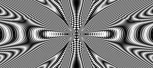 Moire effect, geometric pattern, psychedelic wave. Op art, optical illusion. Modern design, graphic texture. - obrazy, fototapety, plakaty