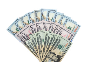 Fan of different dollars bills - 100, 50, 20 banknotes isolated on white background. Finance and business concept. free space for text