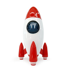 Red toy rocket isolated on whte background. 3D rendering - obrazy, fototapety, plakaty
