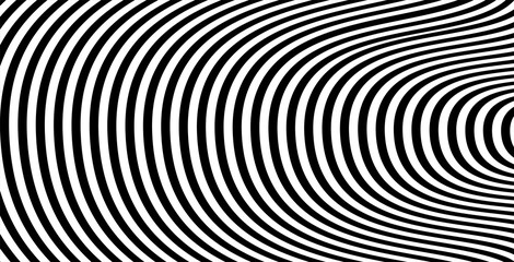Abstract wave pattern with black-white striped lines. Creative background. Op art, optical illusion. Modern design, graphic texture.