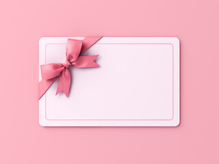 Blank sweet gift card or gift voucher with pink ribbon bow isolated on pink pastel color background with shadow minimal concept 3D rendering