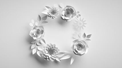 3d render, abstract white background with round wreath of paper flowers and leaves, floral greeting card template, paper craft, botanical wallpaper