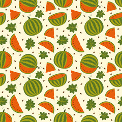 Seamless pattern with watermelons, seeds and leaves. Pattern with retro color.