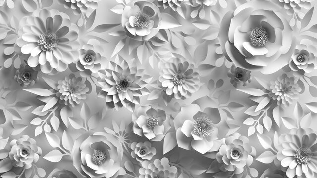3d render, abstract white background with paper flowers and leaves, floral pattern, botanical wallpaper