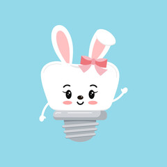 Easter tooth dental implant icon isolated. Orthodontist dentistry tooth easter character with bunny ears and bow. Flat design cartoon vector clip art dental kid illustration.