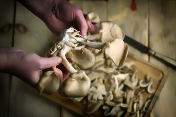 Oyster mushrooms bunch in hands. Raw mushrooms on a wooden surface.
