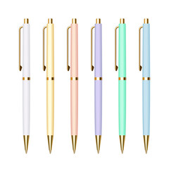 Set of pastel colored automatic ballpoint pens with golden buttons. Vector illustration
