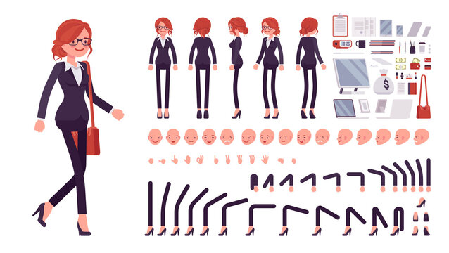 Businesswoman, red haired office worker construction set. Manager, administrative person, corporate employee dress code and objects. Cartoon flat style infographic illustration, different emotions