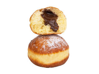 Bright tasty berliner donut ball with chocolate cream filling isolated on the white background