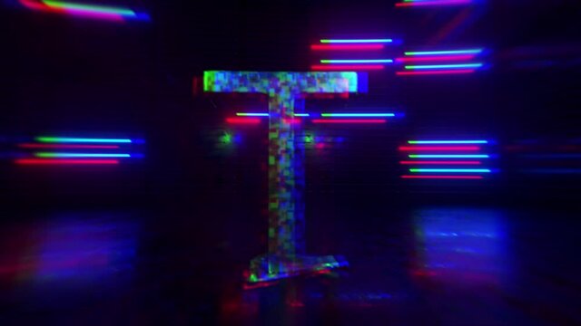 Dynamic letters NTF in flashing neon lighting. The letter T bursts into thousands of ethereum. NFT Crypto Art symbol. Cryptocurrency digital money, collectibles, cyber coin and crypto currency.
