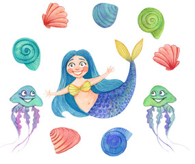 Happy mermaid with jellyfish
