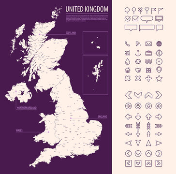 Detailed map of United Kingdom with administrative divisions on dark background, country big cities and icons set, vector illustration