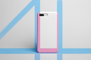 Fototapeta na wymiar Smart phone in case linearly colored in blue and pink color