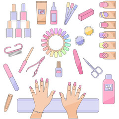 Women's hands with a manicure on the table. Set of accessories for manicure. Manicure with your own hands