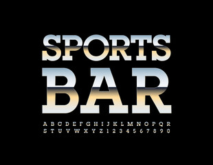 Vector business logo Sports Bar. Metallic shiny Font. Set of silver Alphabet Letters and Numbers set