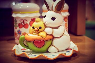 Lovely beautiful ceramic easter white bunny rabbit with tiny yellow chicken sitting in a green cup with red heart