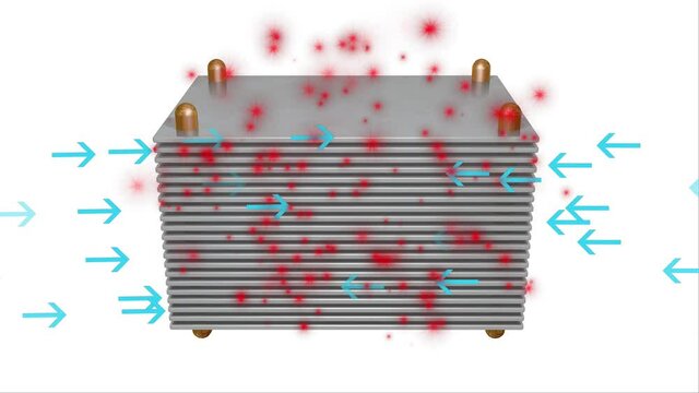 CPU , electronic , mechanical cooling heat sink  with arrows indicating air flow direction. Flowing in . 3d animation