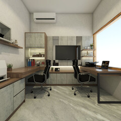 modern office Interior in retro style. Using marble flooring with big glass window. Furniture interior including wooden Computer desk, display cabinet and storage, tv panel and shelving rack decor. 