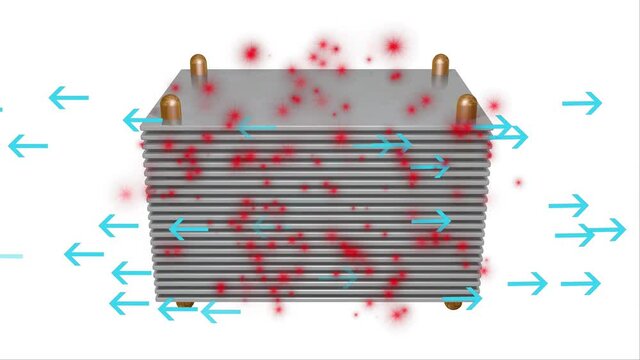 CPU , electronic , mechanical cooling heat sink  with arrows indicating air flow direction. Flowing out. 3d animation
