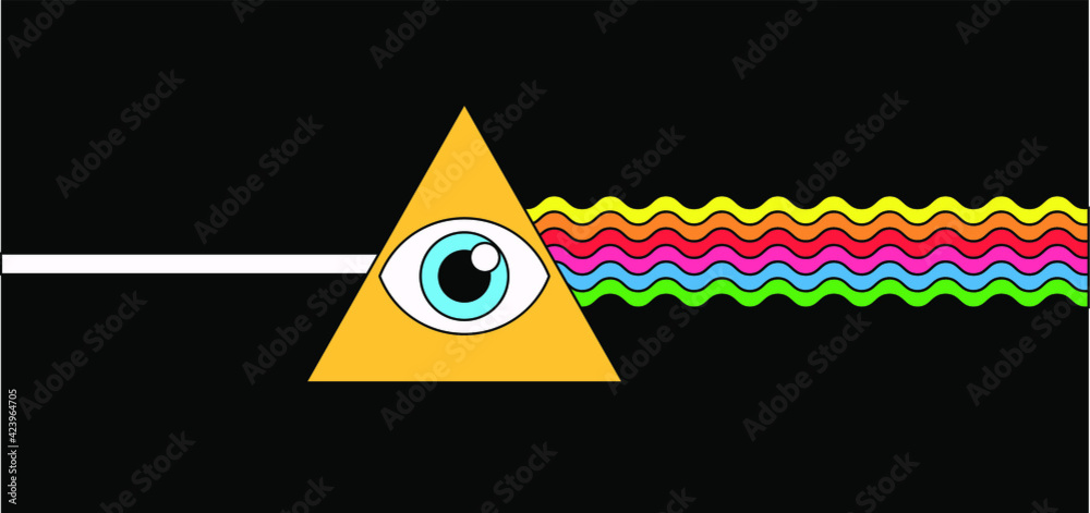 Poster Flat cartoon-style illustration with a triangular dispersive optical prism scattering light into the spectral components of the colors of the rainbow. 