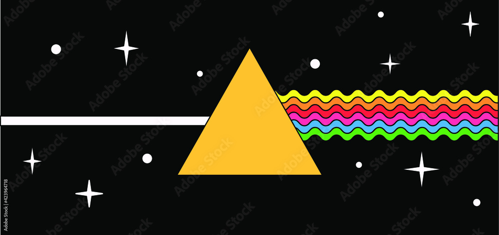 Poster flat cartoon-style illustration with a triangular optical prism dispersing light. psychedelic 70's m