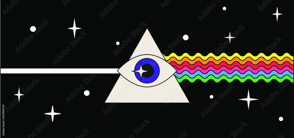 Poster Flat cartoon-style illustration with a triangular dispersive optical prism scattering light into the spectral components of the colors of the rainbow. 