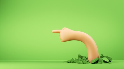 3d render, funny cartoon character flexible hand points left, pointing finger shows direction. Clip art isolated on green background