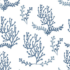 Seamless pattern of abstract botanical elements. Field grass, leaves and branches. Minimalistic natural composition. Vector background for cover, print for clothes, textiles